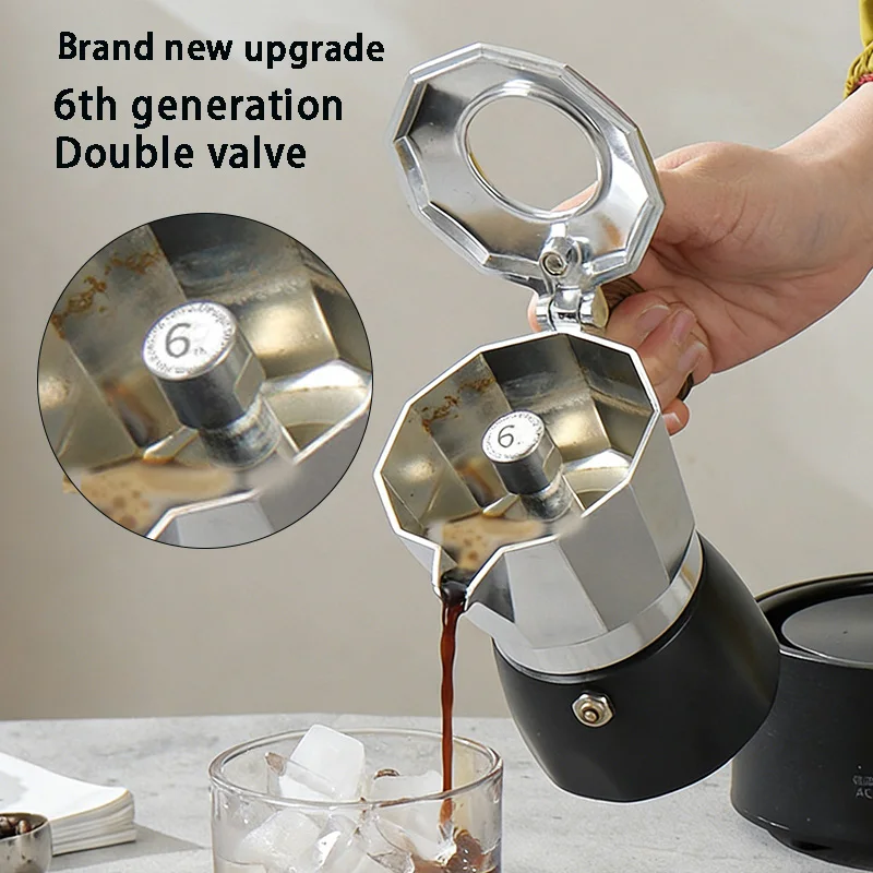 6th Generation Pressure Boost Double Valve Coffee Maker Pot Boxed Valve Italian Espresso Home Camping With Cloth Powder Device