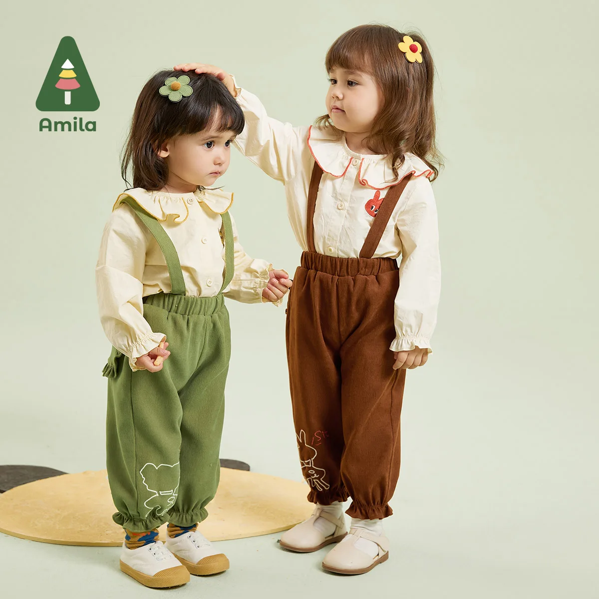 Amila Baby 2023 Autumn Romantic Lotus Leaf Loose Lantern Design Animal Embroidery  Pant Suit Wind Outdoors For Girls Clothing