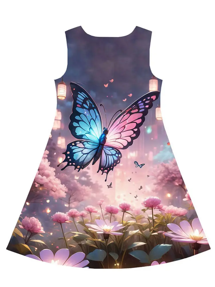 Summer Princess Dress For Girls 2024 Kids Clothes Sleeveless O-neck Butterfly Floral 3D Print Party Dresses 2 To 8 Years