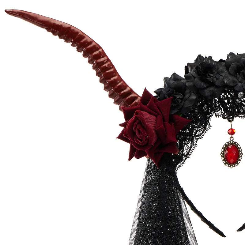 AniLV Adult Child Halloween Demon Queen Headband Carnival Party Women Antelope Horn Rose Gothic Veil Headwear Cosplay