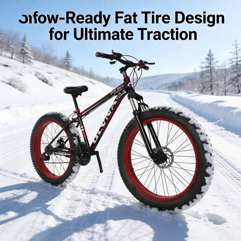 Rower śnieżny z grubymi oponami, 26 cali, czarno-czerwony, z szerokimi kołami, rower górski z przerzutkami i hamulcami tarczowymi dla studentów.