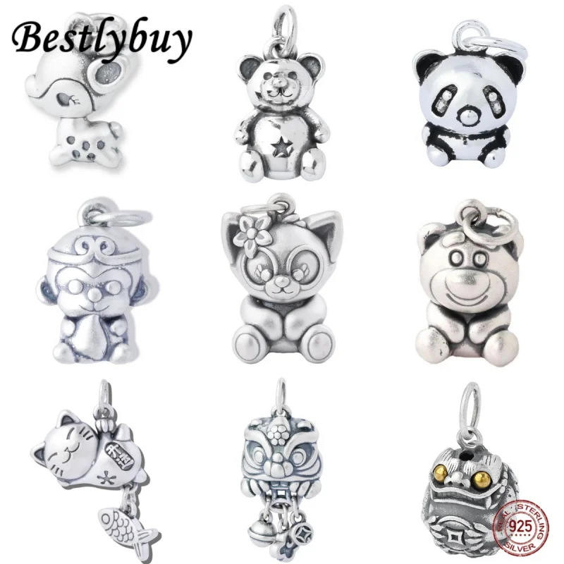 

True S990 Silver Ladies' Charm Bear Pendant 3D Hollow Cute Animal Series Children's Handmade DIY Jewelry Gift