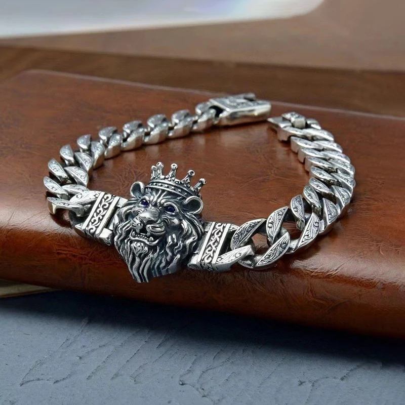 

S925 Silver Bracelet for Men, S925 Silver, Lion Head, Retro Trend Jewelry, Vine Chain, Male Party Domineering Gift, Age-Old