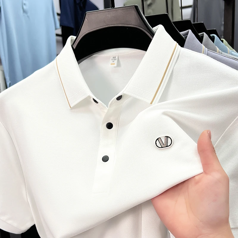

Мужская рубашка поло высокого качества с лацканами и коротким рукавом, летняя новая модная деловая повседневная красивая мужская одежда с изысканным принтом