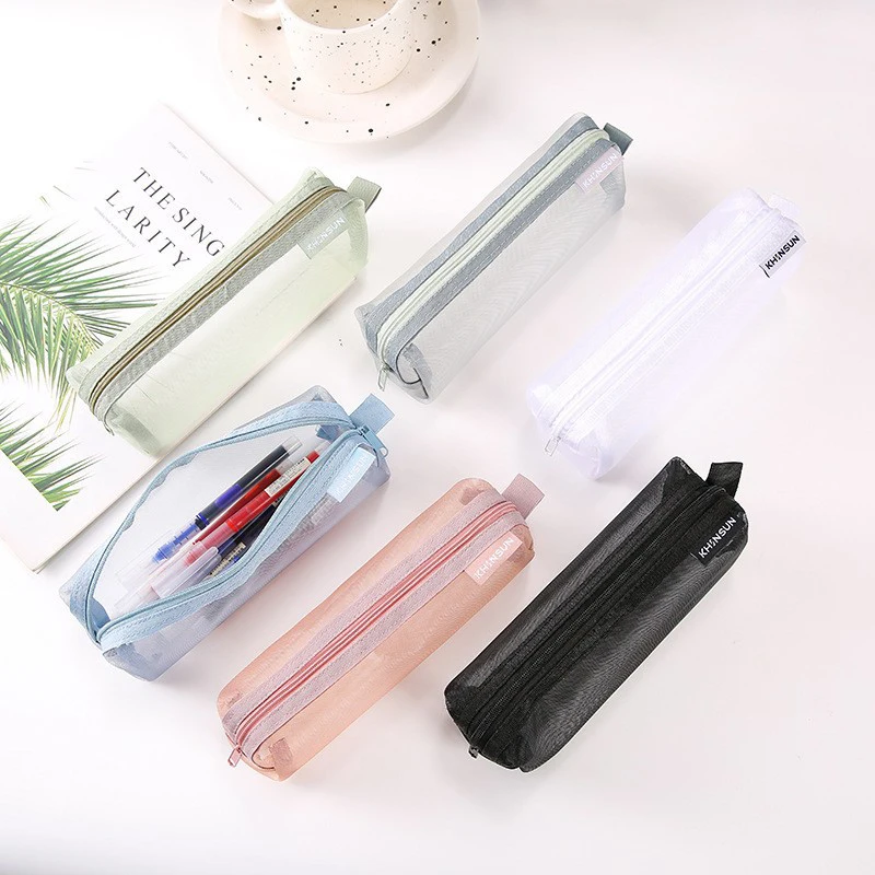 Simple Transparent Mesh Pencil Case Thickened Large Capacity Portable For Students Exam Bag Storage Pouch Stationery Supplies