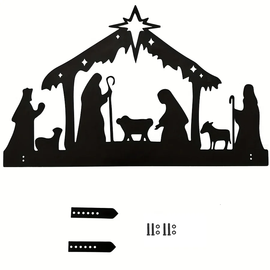 2D 1pc Metal Outdoor Silhouette Nativity Garden Lawn Garden Logo Decoration With Metal Pile, Halloween Christmas Eve Metal Craft