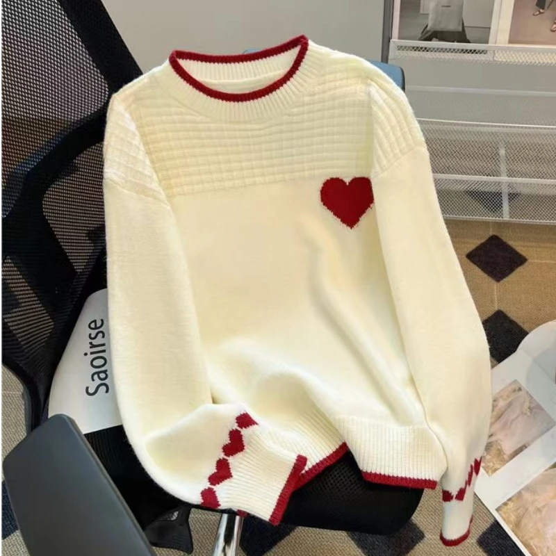 

White Women Print Clothing Pullover Knitting Sweater Long Sleeve Cotton Casual Fashion Coat Female 2024 Round Neck Winter Tops