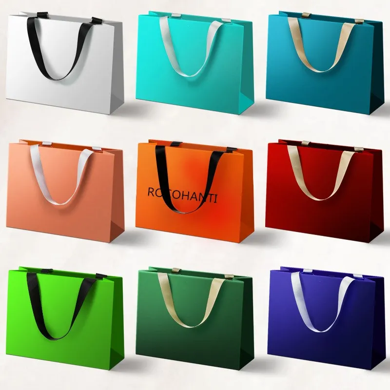 20pcs Custom Print Logo Elegant White Green Gift Paper Bags Pink Luxury Clothing Boutique Paper Shopping Bag With Ribbon Handle