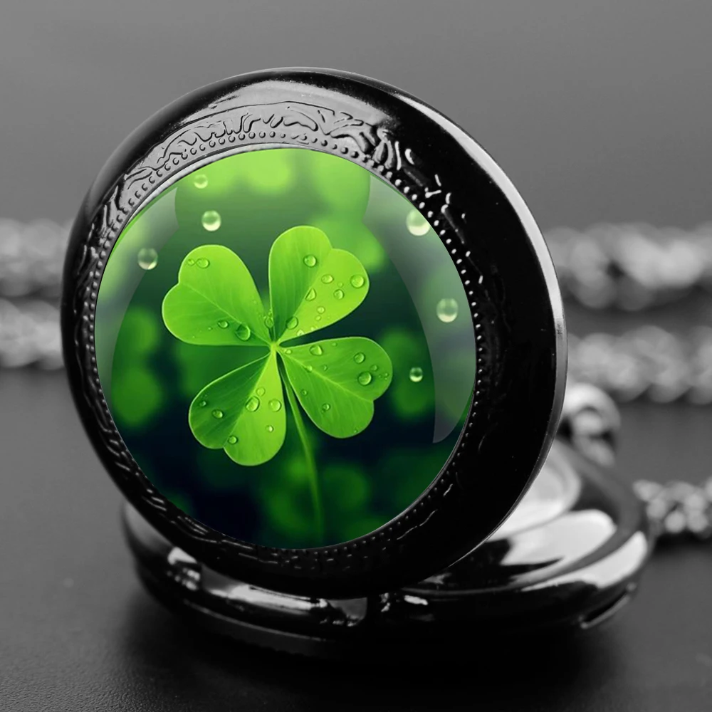 Four Leaf Clover Glass Dome Quartz Pocket Watch para homens e mulheres, relógio de corrente vintage, colar pingente, Lucky talismã Jewelry