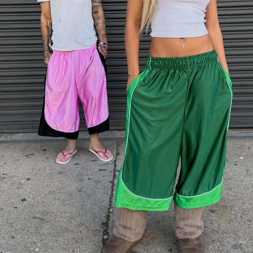 american-retro-color-block-sports-seven-foot-pants-elastic-waist-wide-leg-loose-slimming-casual-pants-for-women