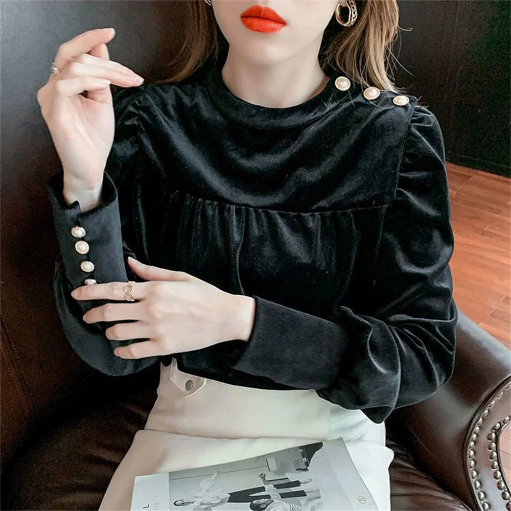 Autumn winter women blouse velvet shirts tops vintage long-sleeved bow ruffled blouses casual loose ladies tops female clothes