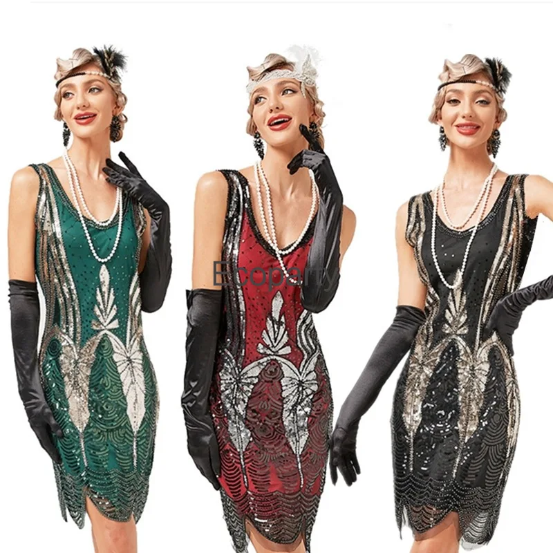 Neue Damen Flapper Kleider 1920s Pailletten Fransen Paisley V-Ausschnitt große Gatsby ärmellose Kleid 20er Jahre Kostüme Kleid mit Accessoire