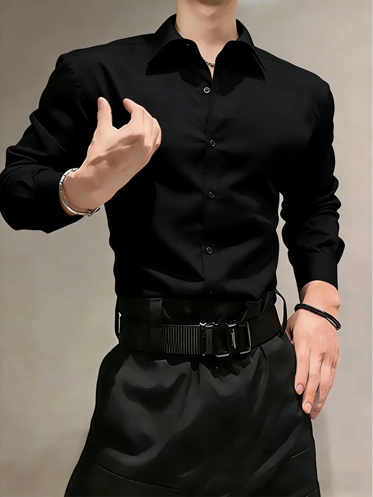 British Style Slim Fit Long Sleeve Black Shirt Men's Fashion Inner Wear Suit Jacket Neapolitan Coat Youth  Spring Season