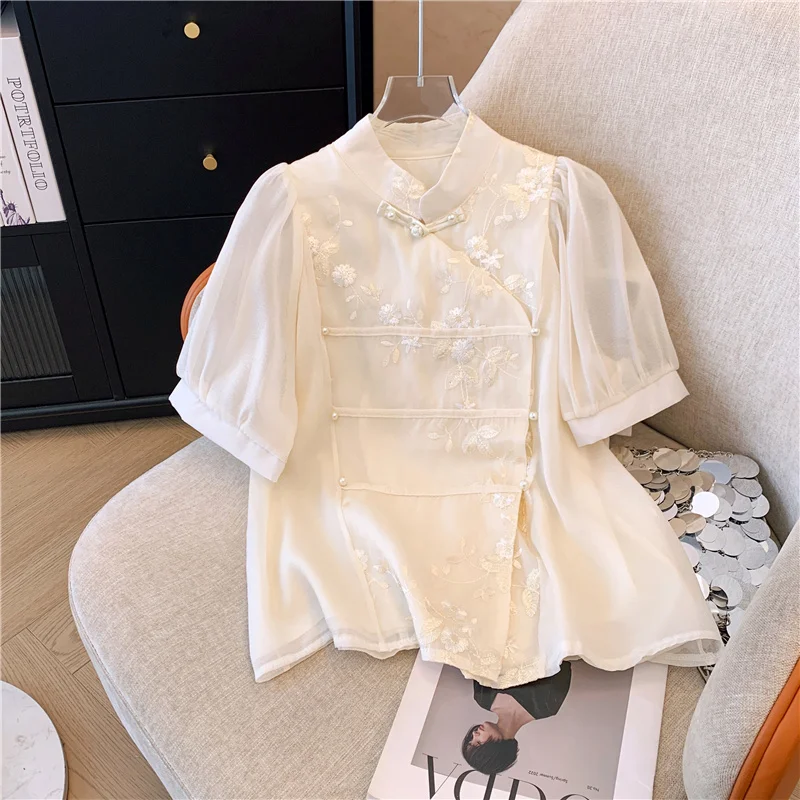 Chiffon Women\'s Shirts Embroidery Chinese Style Blouses Summer Fashion Clothing Loose Short Sleeve Women Tops