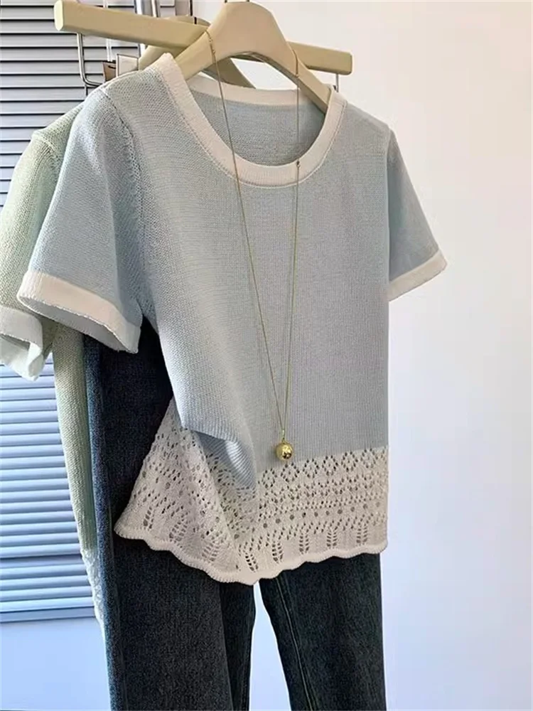Faionable Fre Lace Trim ort Sve T-irt ex Summer Color Blo round Ne Top Men's Women's Commute Sle Korean ...