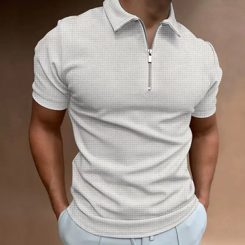 

2023 Summer New Men's Zipper Waffle Polo Shirt Short Sleeve Waffle Lattice Casual T-shirt Men Thin Solid Color