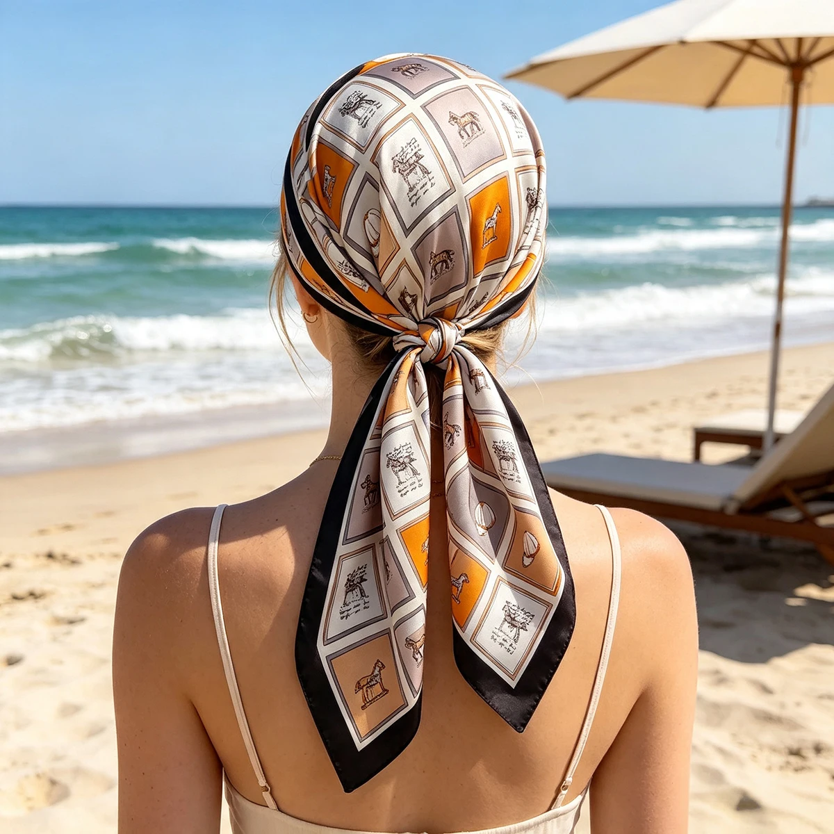 高級馬柄スクエアスカーフ、柔らかなサテンイミテーションシルク - Silk Neck Scarf のレビューと価格