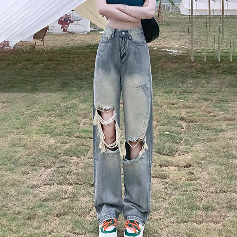 

Fried Street Ripped Wide Leg Jeans Women's 2025 New Summer Thin High Waist Loose Slimming Straight Denim Pants Street Clothing