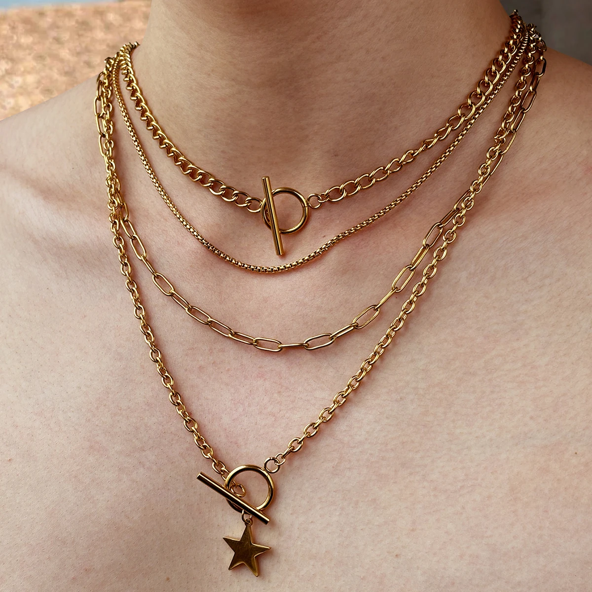 DOTIFI Stainless Steel Fashion Hip Hop Personalized Trend Kpop Exquisite Design Men's Multi-Layer Star OT Clasp Necklace Set