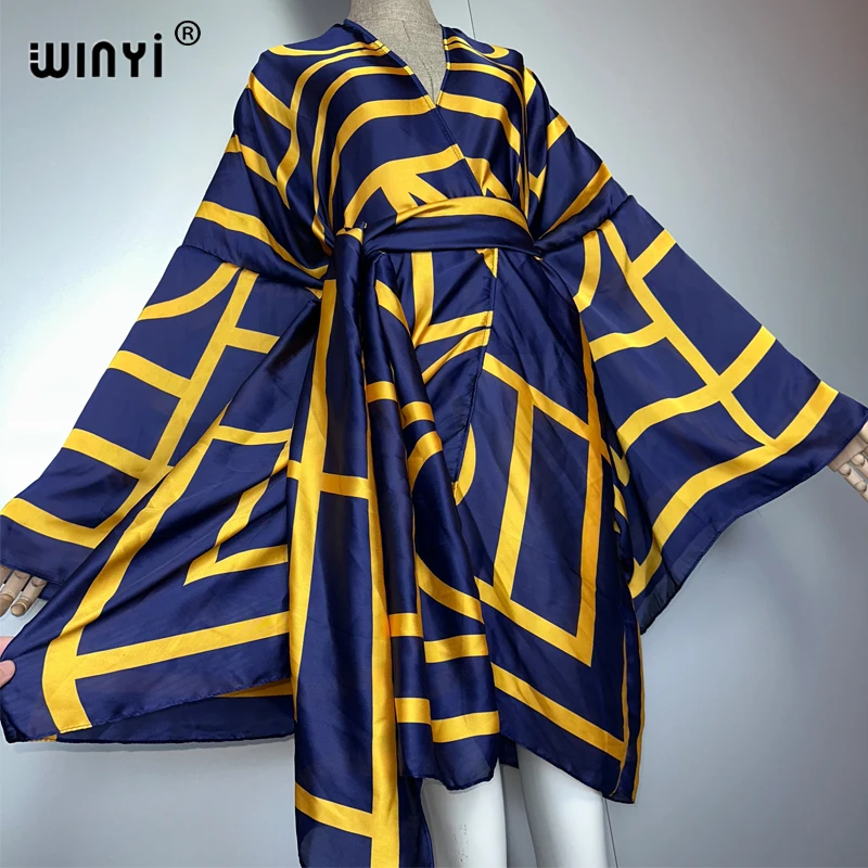 WINYI print kimono beach outfits women Swim Suit Cover up boho Cardigan stitch Self Belt Holiday long Sleeve coat holiday kaftan