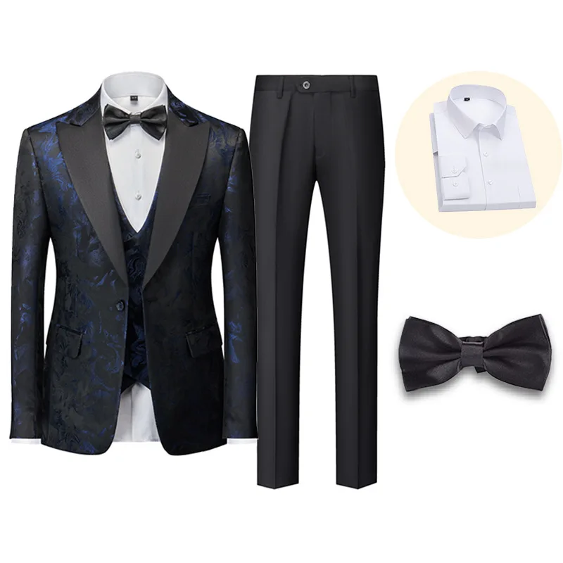 Europe and The United States Advanced Dark Flower Green Collar Suit Groom Wedding Dress Slim Men's Printed Suit Three-piece.