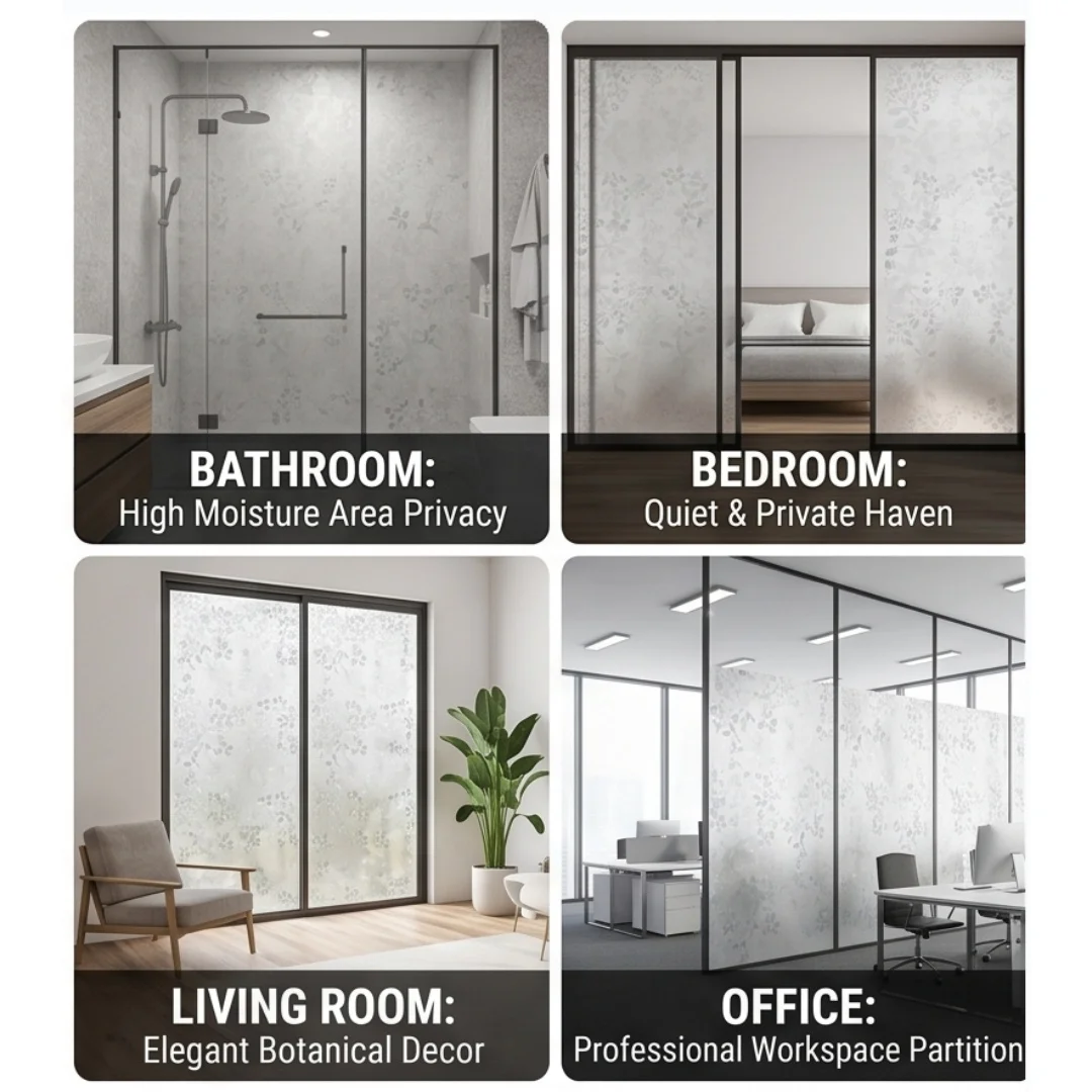 Self‑Adhesive Botanical Leaf Window Film Frosted Privacy Glass Sticker Decorative Opaque Window Decal for Bathroom Bedroom Offic