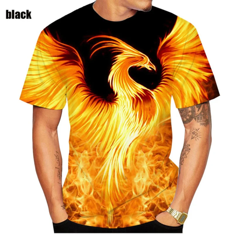 Men Casual Fire Phoenix Bird 3D Printing T Shirt Streetwear Short Sleeve Top