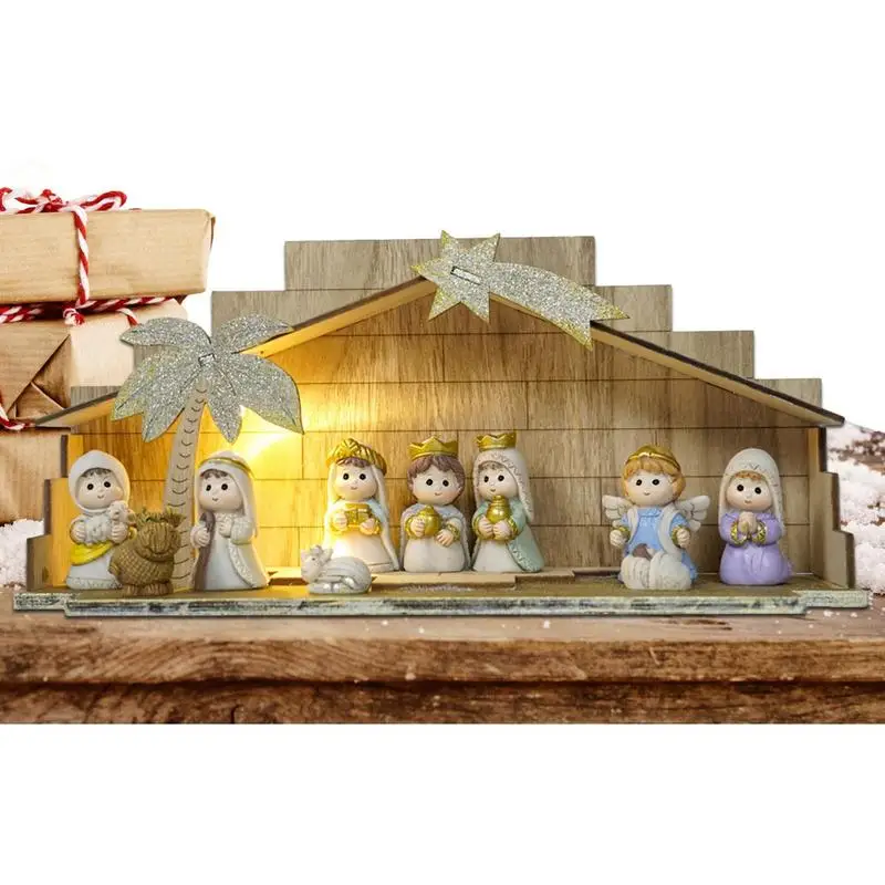 Juego de figuras de Natividad para niños, adornos de resina de escena de Natividad para Navidad con Base brillante de madera, juego de 10 figuras