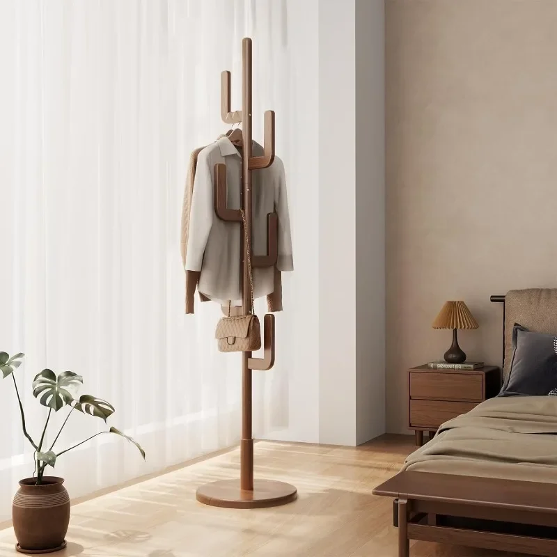 Coat Rack, Solid Wood Cactus Coat Rack Stand, Freestanding Coat Rack with 6 L-shaped Hooks and 3 Adjustable Sizes