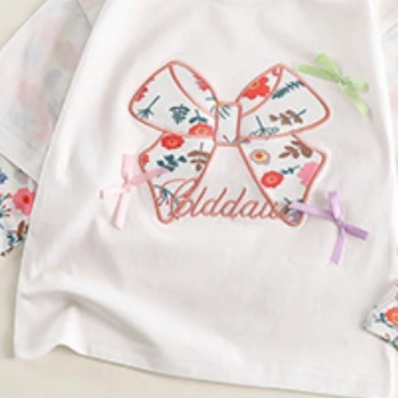 Girls Spring and Autumn New Childrens Clothing Bow Fake Two Piece Long Sleeved T-shirt Top Inner Outer Wear