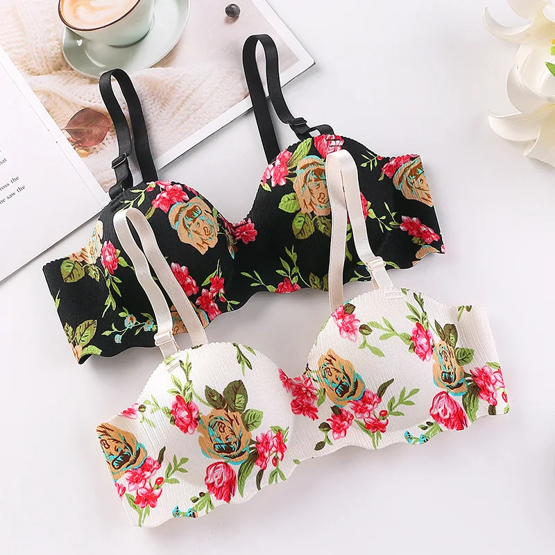 Rose Print Bras for Women One-piece Bra with Adjustable Shoulder Straps and No Rims