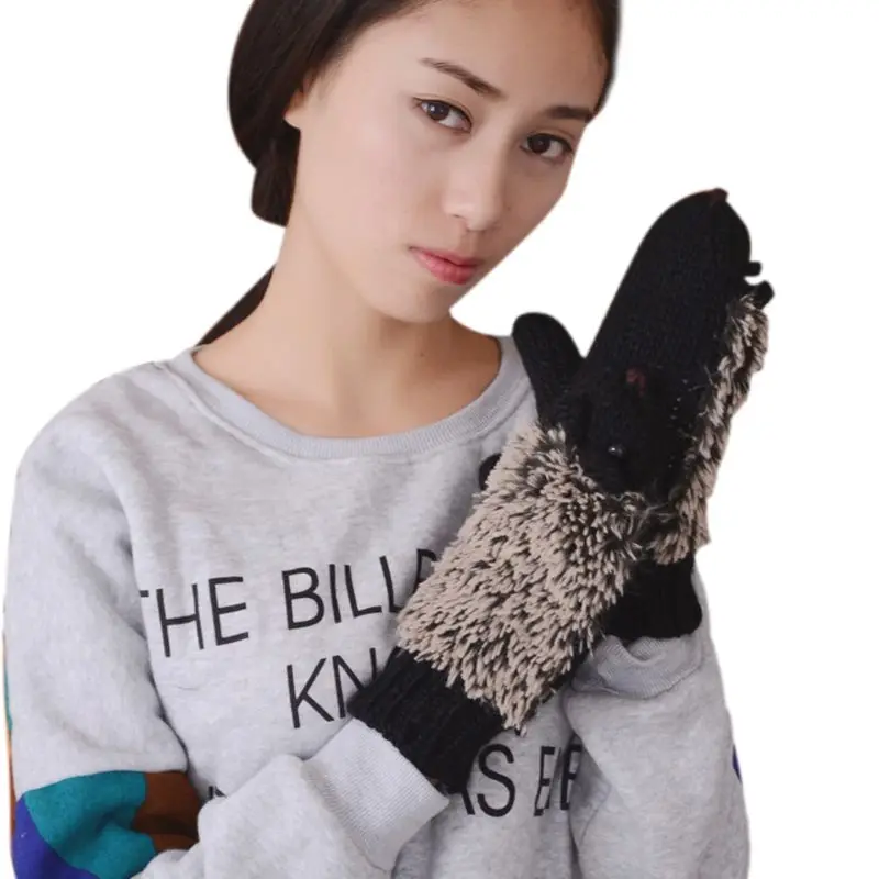 Women Hedgehog Gloves Cartoon Animal Cosplay Crochet Knitted Full Finger Mittens