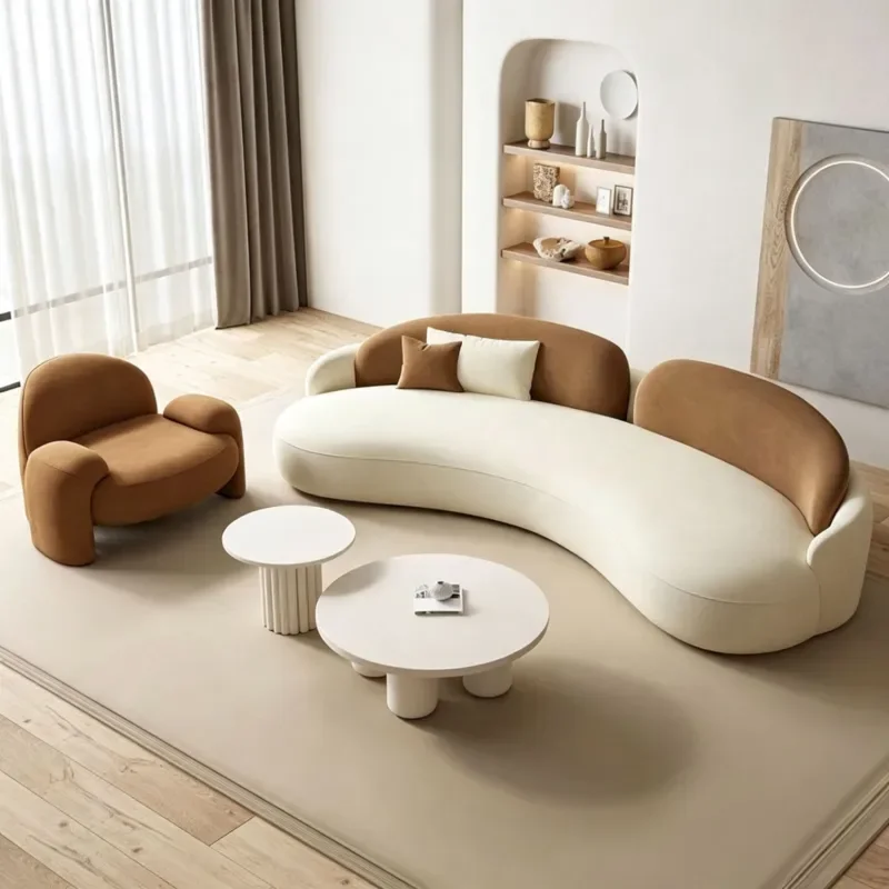 Cream Curved Fabric Sofa Designer Special Shaped Couch for Living Room Bedroom Small Apartment Beauty Salon Household