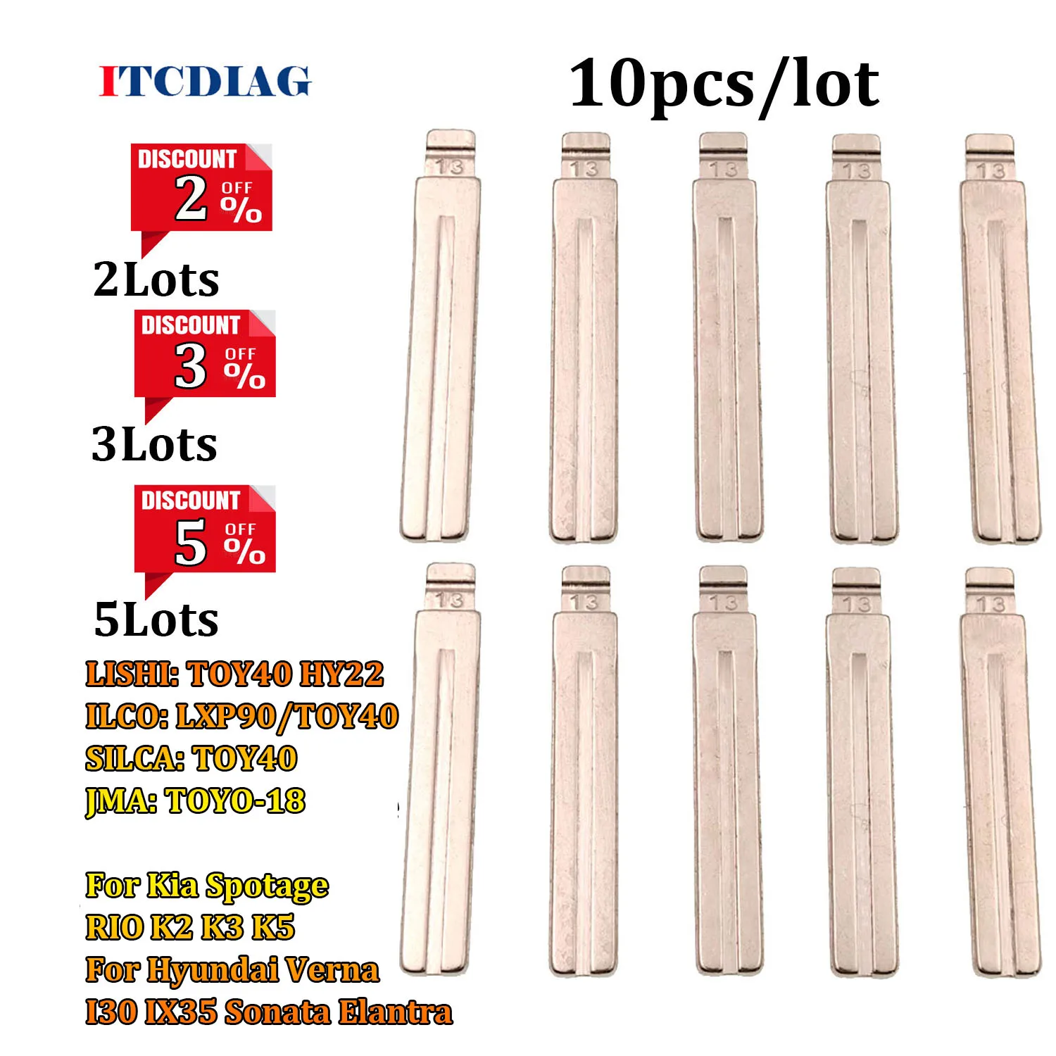 10ピース/ロット13 #13 lishi toy40 hy22車のキーブレードブランク (ia Spintage rio k2 k3 k5 for hydysetverna i30 ix35 sonata antra用)