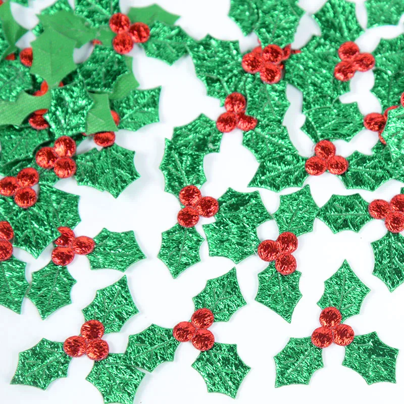 100pcs Glitter Berries Berry Green Holly Leaves Appliques Christmas Decorations For Home Table Scrapbook DIY Wreath Gift Craft