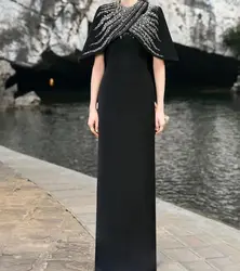 Saudi Arabia Black Evening Dresses O Neck Prom Dresses Pleated Sleeveless Beadings Floor Length Formal Occasion Party Dress