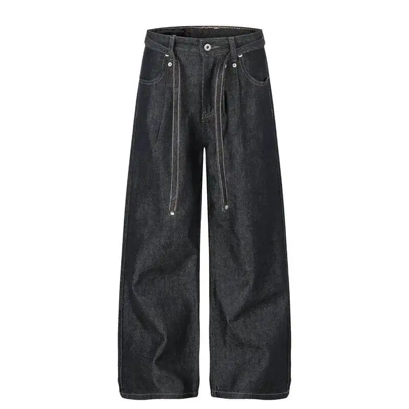 American-style Distressed Washed Jeans Visible Stitching Belt Unisex Loose-fitting Wide-leg Straight-leg Denim Pants UB8M