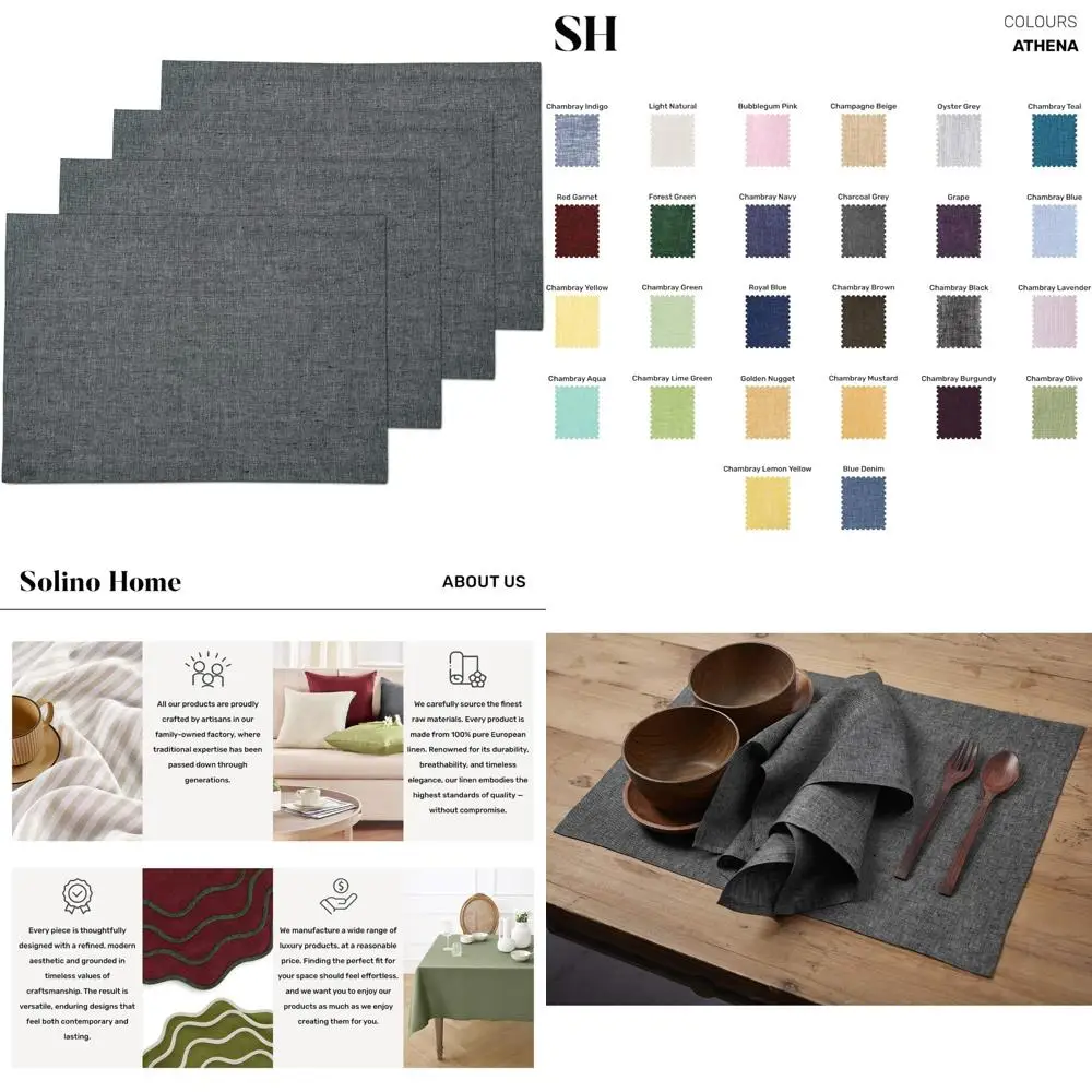 

Pure Linen 14x19 Inch Placemats Set of 4 - Charcoal Grey for Fall, Autumn, Halloween Table Decor