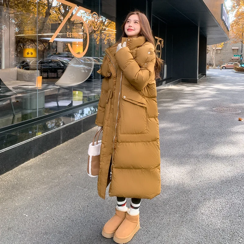 New Golden Brown 90% White Goose Down Down Jacket Winter Warm Coat Long Hooded Parka Korean Knee-length Thickened Bread Clothing