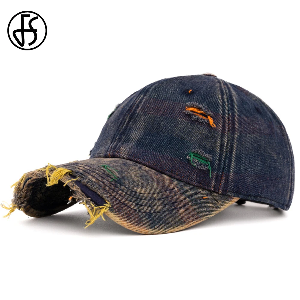 

FS Stylish Colorful Denim Hat Washed Vintage Worn Hole Baseball Cap For Men Women Blue Brown Street Hip Hop Caps Casquette Homme