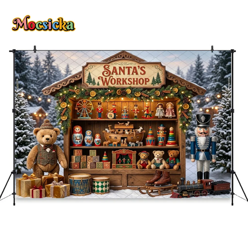 Mocsicka Santas Workshop Backdrop Photography Christmas Toy Shop Snowy Xmas Tree Background Winter Kids Holiday Party Photozone