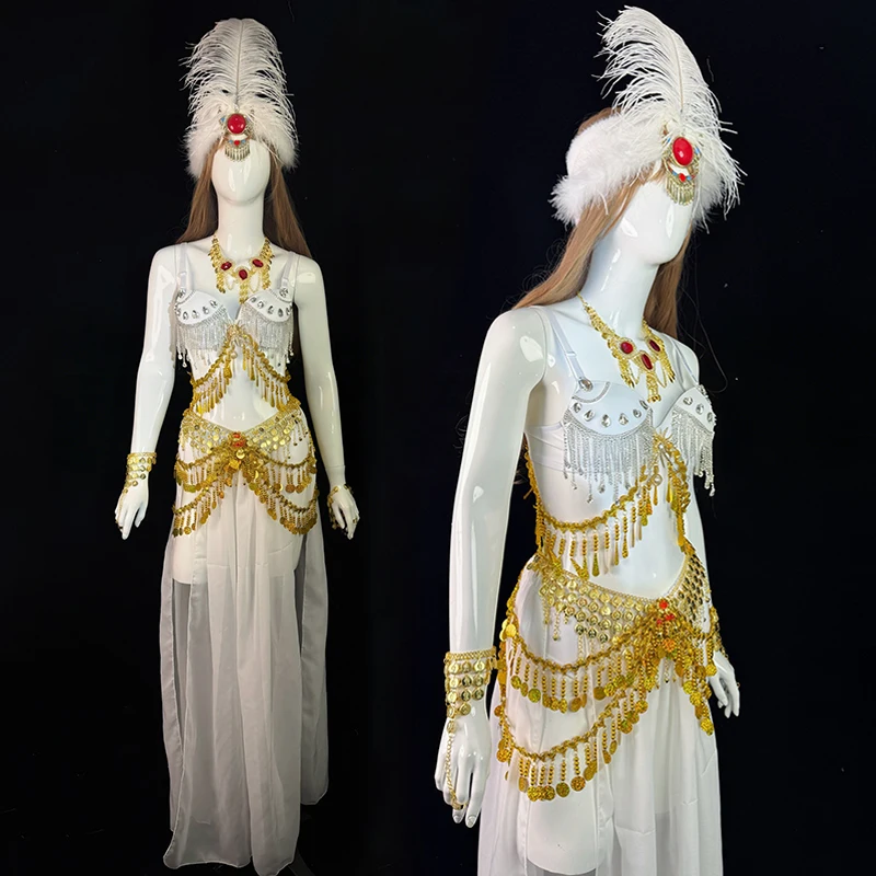 اسحب كوينز زي امرأة تظهر البدلة مثير غريبة بريق المرحلة زي حفلة الهذيان الملابس جوجو راقصة الزي الذهب الأبيض VDL4995