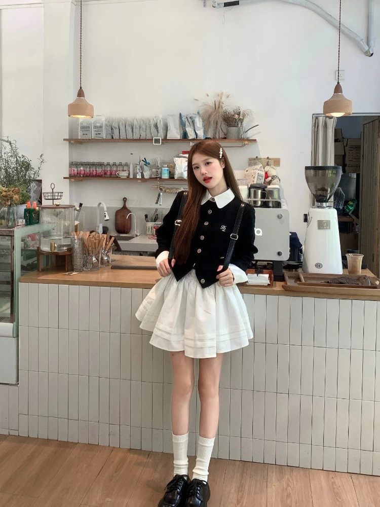 Sweet Elegant 2 Piece Set Women Fake Two Piece Contrast Collar Button Knit Cardigan Pleated Bubble Mini Skirt Ruffle Trim Slim