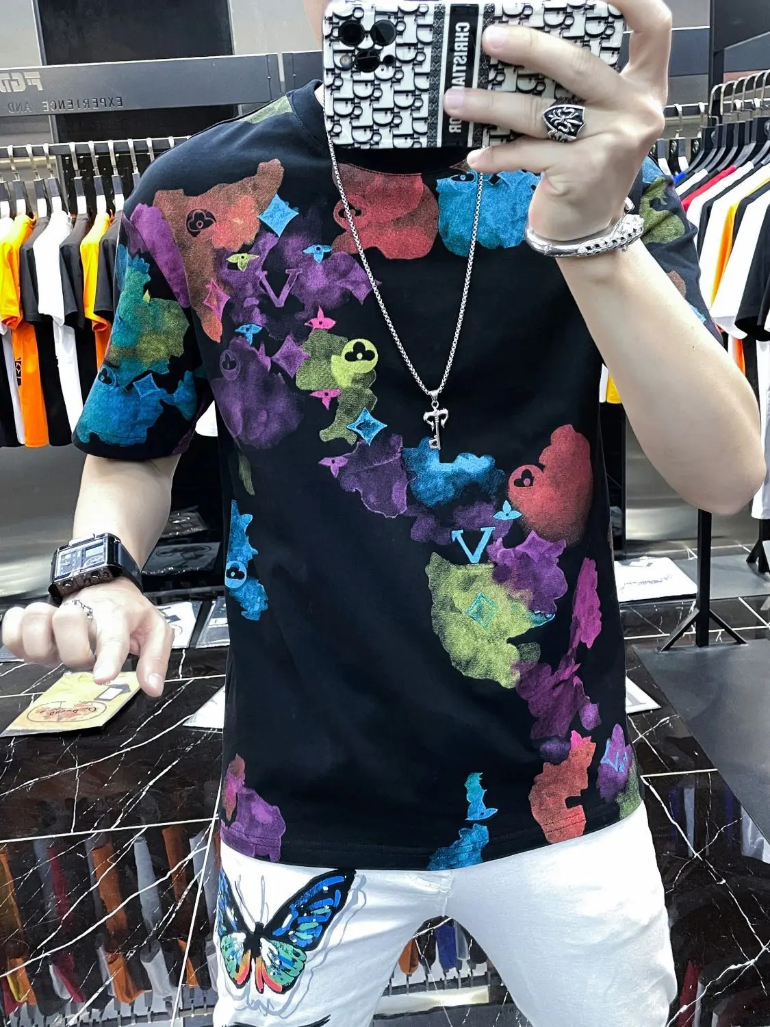Men's personality handsome short-sleeved trendy 2025T-shirt summer new men's light luxury half-sleeves