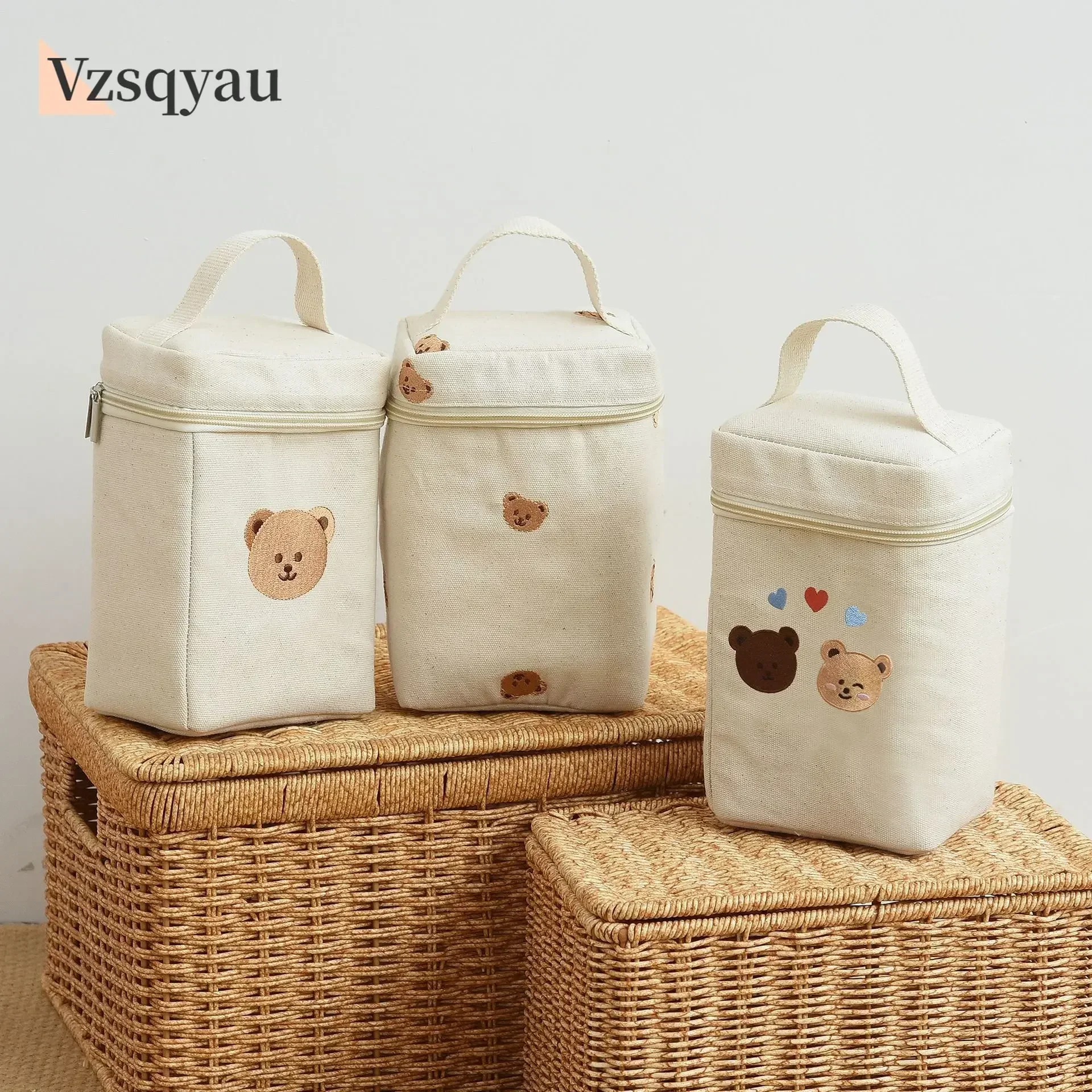 Ins Mommy Diaper Bag Bear Embroidery Thermal Insulation Bag Insulated Lunch Box Kids Baby Korean Mummy Cooler Picnic Cloth Bags