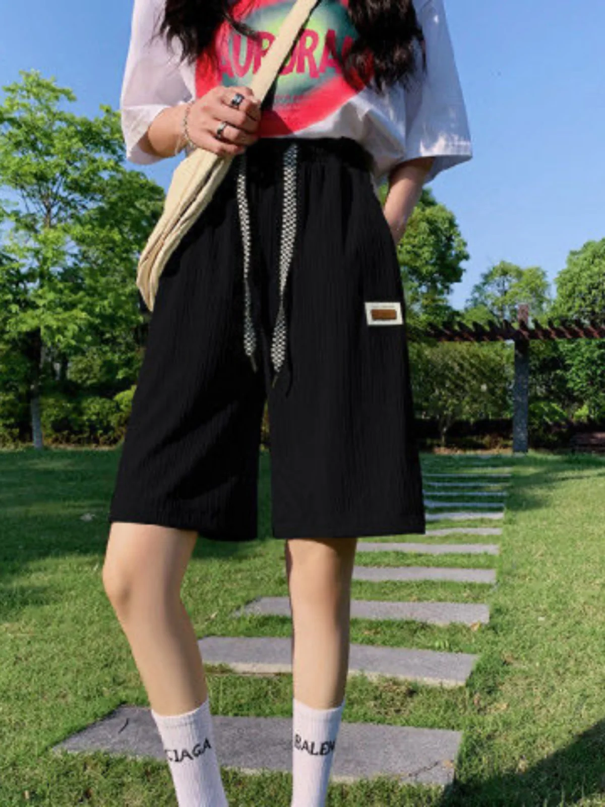 

Спортивные повседневные брюки больших размеров с высокой талией, длиной до колена, для мужчин и женщин, удобные, свободного кроя, модные, больших размеров