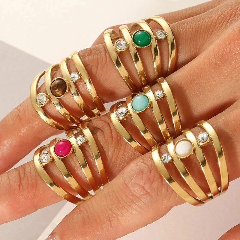 MHS.SUN Newest Bohemian Style Gold Plated Stainless Steel Open Finger Rings Natural Stone Ring For Women Adjustable Jewelry