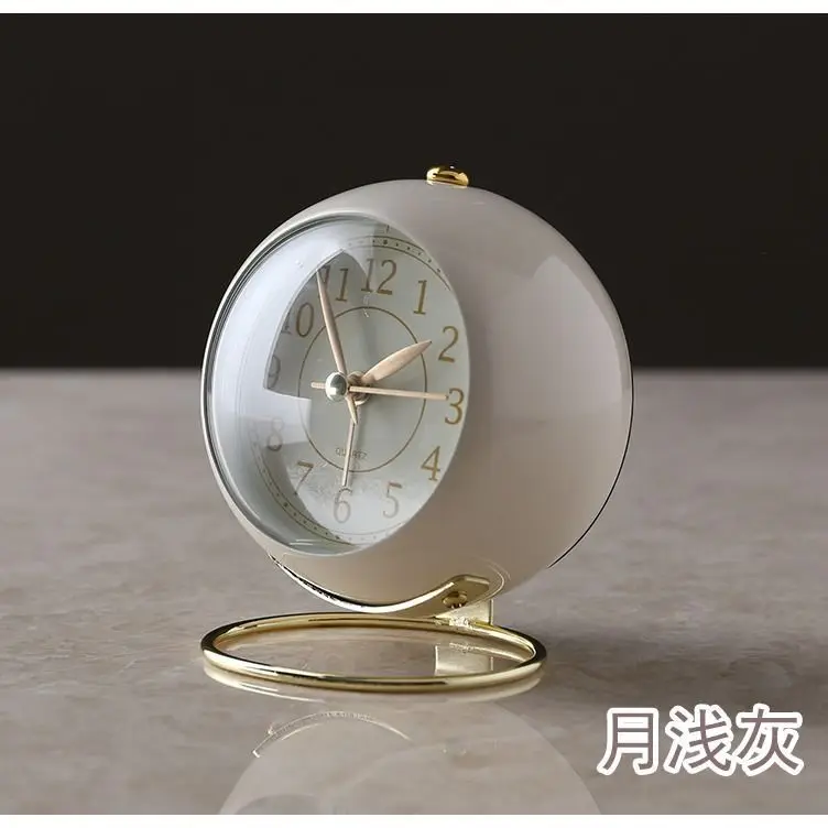 Alarm Clock Light Gray Round Silent Non Ticking Quartz Modern Minimalist Gold Stand Desktop Clock For Bedroom Office Home Decor