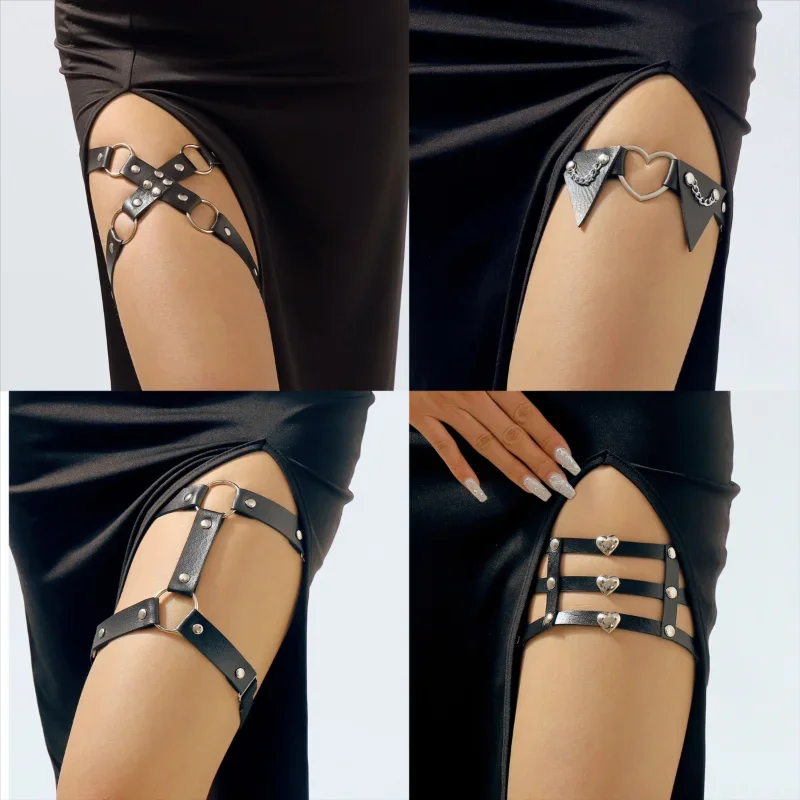 Women Studded Thigh Chain Girls High Harness Elastic Leg Chain Spike Rivet Metal Punk Goth Gothic Body Jewelry Cos Props