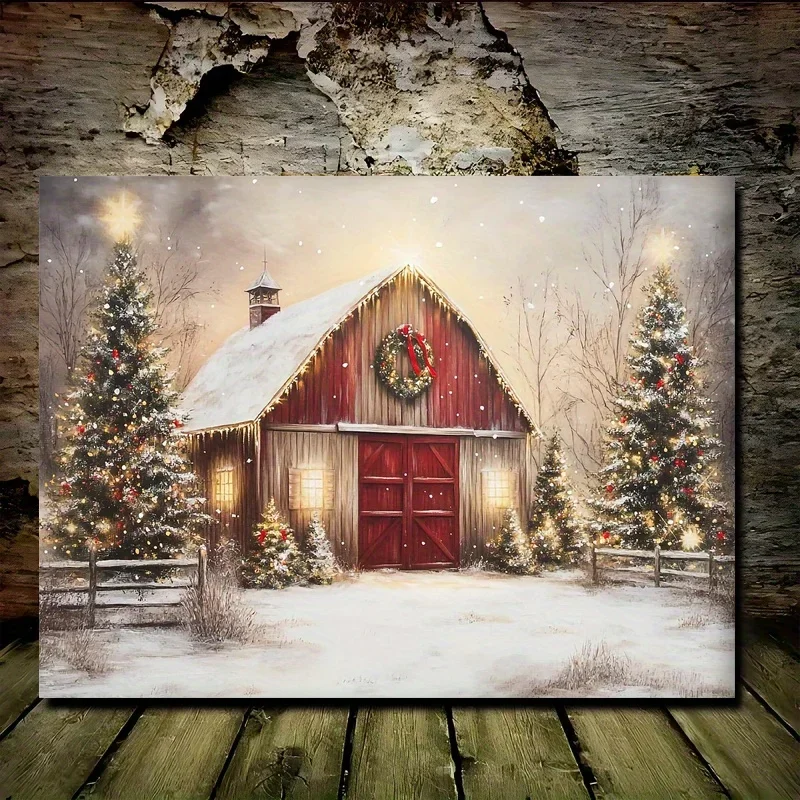 1PC Charming Red Barn Christmas Canvas Painting Wooden Frame Winter Festive Memorial Wall Decoration for Living Room